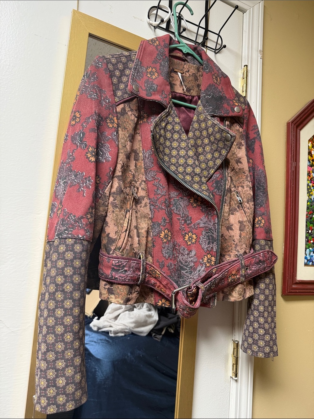 Free People Red Multi-Print Moto Jacket